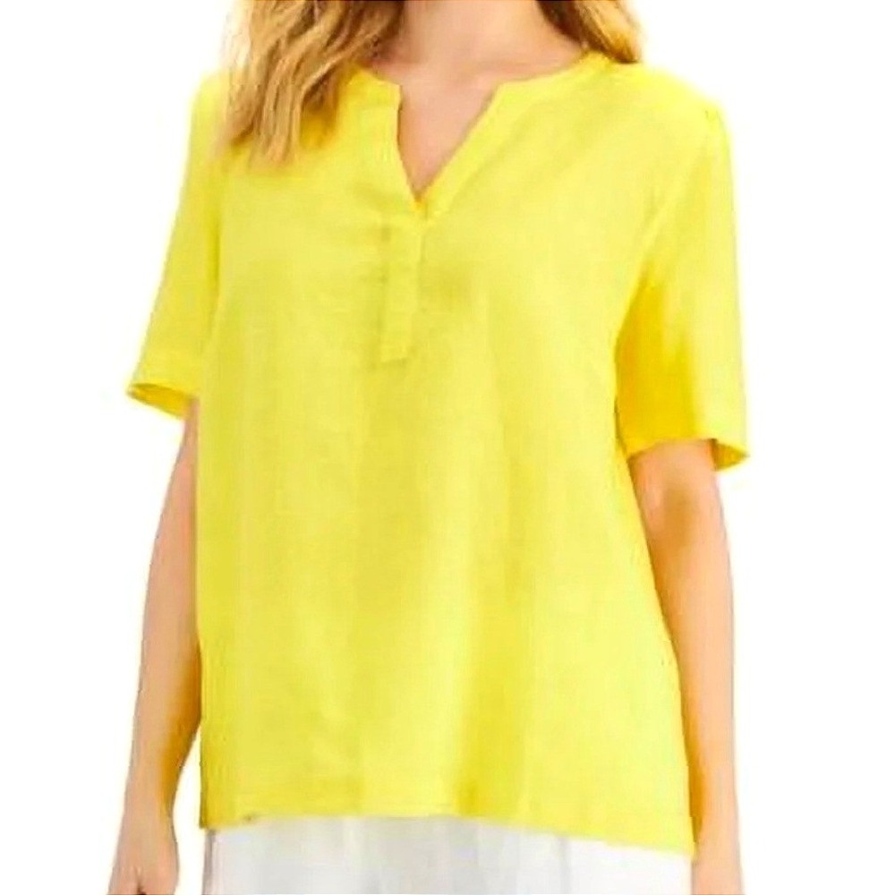 Charter‎ Club Luxury 100% Linen Primrose Yellow V Neck Short Sleeve Tunic Top XL